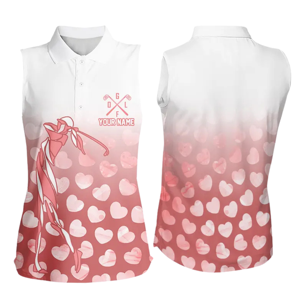 Personalized pink heart pattern white Sleeveless Golf Polo Shirt, custom Valentine golf gifts for her NQS11326