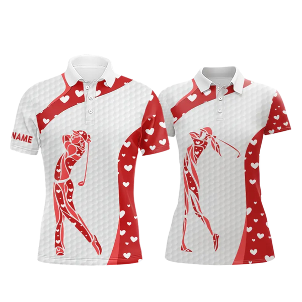Personalized Red Hearts pattern matching golf polo shirts for couples custom Valentine golf gifts NQS11259