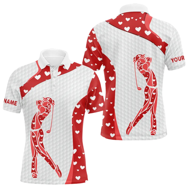 Personalized Red Hearts pattern matching golf polo shirts for couples custom Valentine golf gifts NQS11259