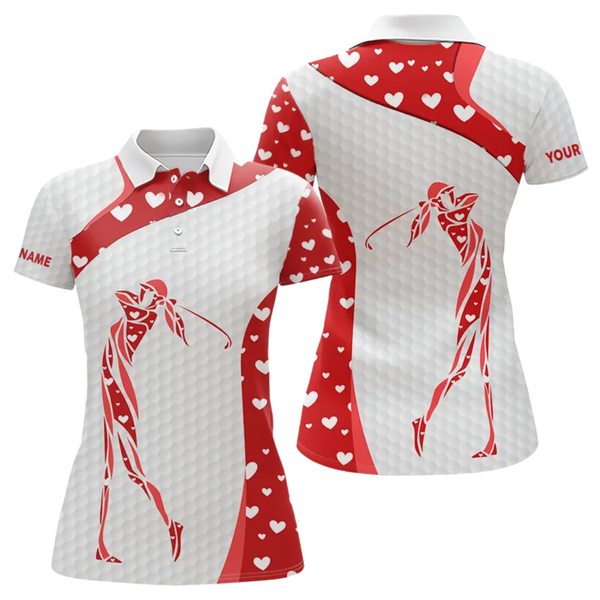 Personalized Red Hearts pattern matching golf polo shirts for couples custom Valentine golf gifts NQS11259