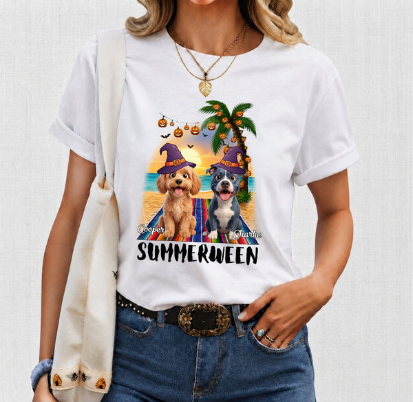 Custom Dogs Summerween Beach Shirt, Summer and Halloween Funny Dogs In Witch Hats T-shirt FSDM57