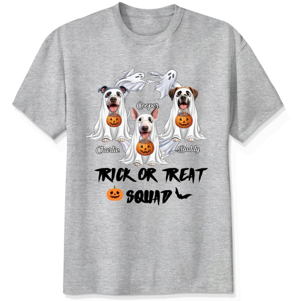 Trick or Treat Squad Custom Multiple Dogs In Ghost Sheets With Pumpkins Halloween T-shirt FSDM54