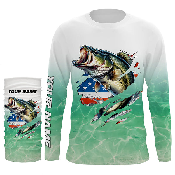 Bass Fishing American Flag Custom long sleeve performance Fishing Shirts, patriotic fishing gifts TTN65
