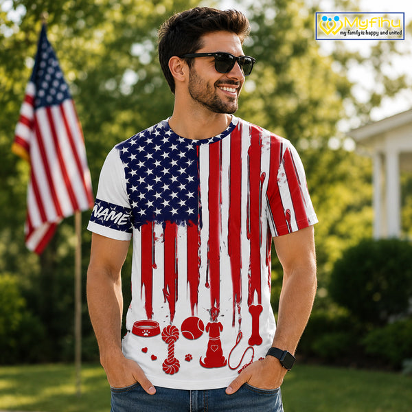 Personalized Dog Lover Shirt – American Flag 4th of July Tee | Custom Name Dog Mom Dad Gift