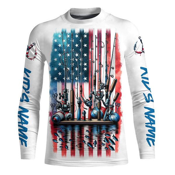 Personalized Patriotic Us Flag Fishing Shirts, Fishing Elements Fishing Tools Long Sleeve Shirt IPHW5543