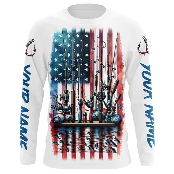 Personalized Patriotic Us Flag Fishing Shirts, Fishing Elements Fishing Tools Long Sleeve Shirt IPHW5543