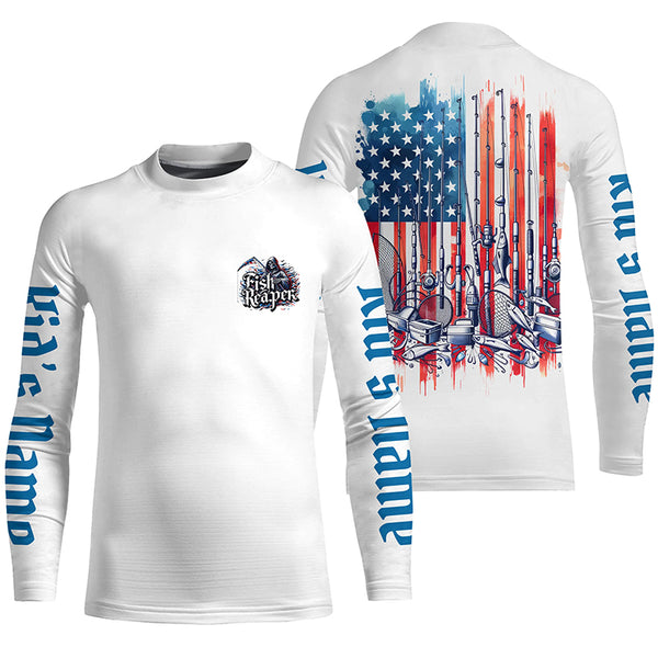 Personalized Patriotic American Flag Long Sleeve Fishing Shirts Fishing Tools , Fish Reaper Shirt IPHW5544
