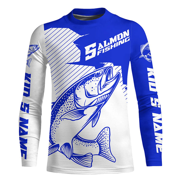 Custom Chinook King Salmon Saltwater Long Sleeve Fishing Shirts, Salmon Fishing Jerseys | Blue IPHW4593
