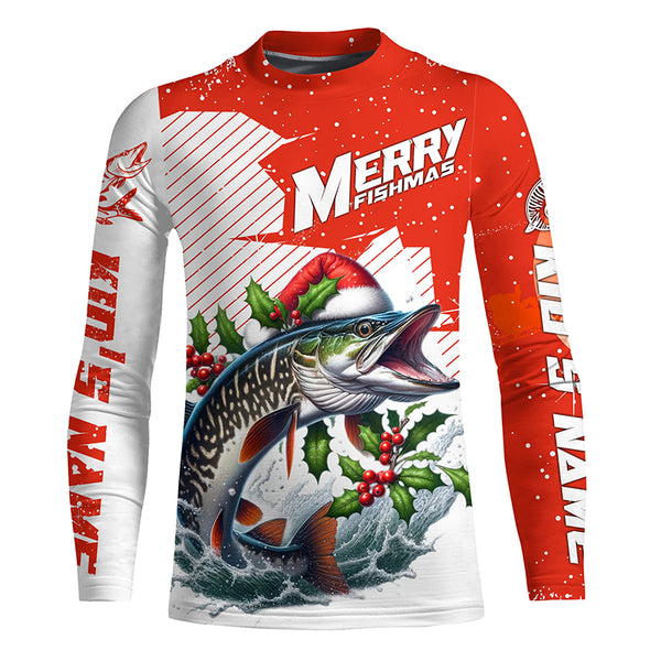 Merry Fishmas Custom Musky Long Sleeve Christmas Fishing Shirts, Personalized Xmas Fishing Gifts IPHW5581