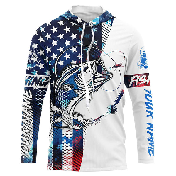 Custom American Flag Bass Fishing Jerseys, Patriotic Bass Long Sleeve Tournament Fishing Shirts IPHW4809