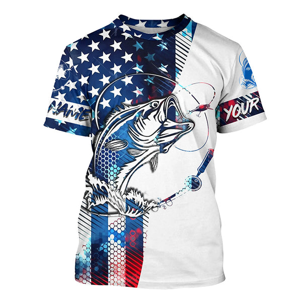 Custom American Flag Bass Fishing Jerseys, Patriotic Bass Long Sleeve Tournament Fishing Shirts IPHW4809