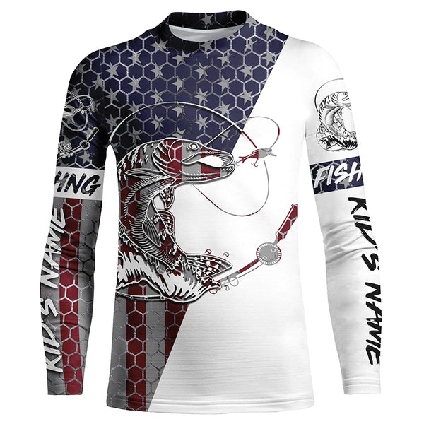 Northern Pike Fishing American Flag Custom Long Sleeve Fishing Shirts, Pike Fishing Jerseys IPHW4603