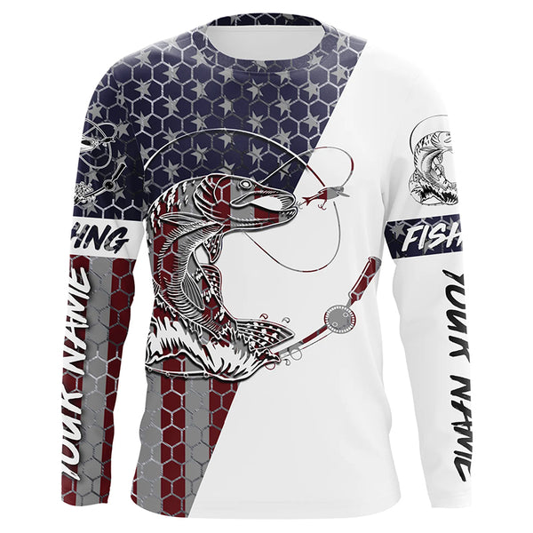 Northern Pike Fishing American Flag Custom Long Sleeve Fishing Shirts, Pike Fishing Jerseys IPHW4603