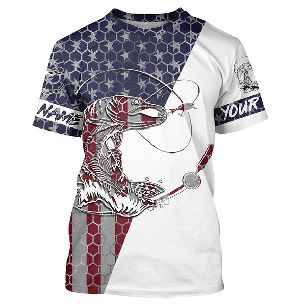 Northern Pike Fishing American Flag Custom Long Sleeve Fishing Shirts, Pike Fishing Jerseys IPHW4603