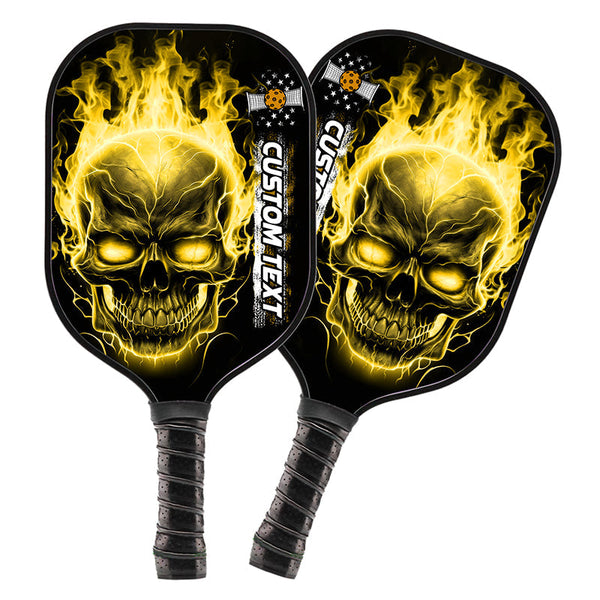 Custom Yellow Flame Skull Pickleball Paddle Halloween Pickleball Gifts, Patriotic Pickleball Paddles IPHW7468