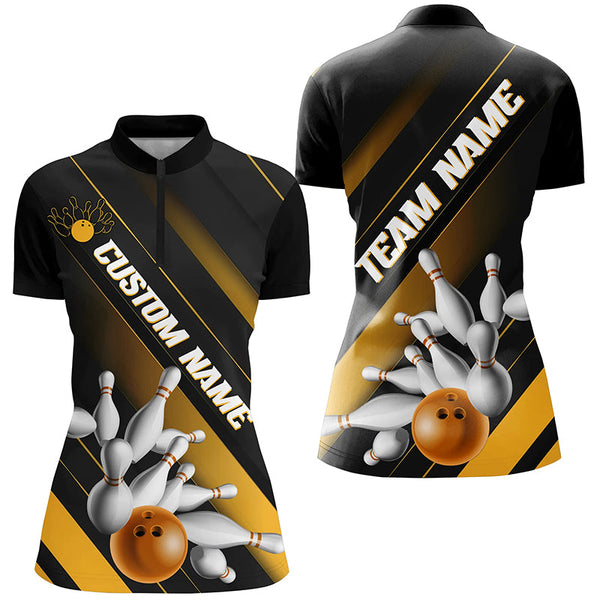Black And Gold Custom Bowling Team Shirts For Women, Bowling Ball And Pins Shirt IPHW6445