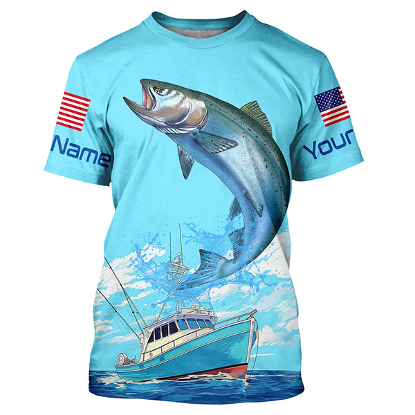 Custom American Flag Chinook Salmon Tournament Fishing Shirts, Salmon Saltwater Fishing Jerseys IPHW4824