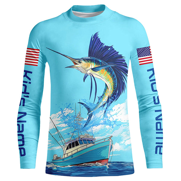Custom American Flag Sailfish Tournament Fishing Shirts, Sailfish Saltwater Fishing Jerseys IPHW4825