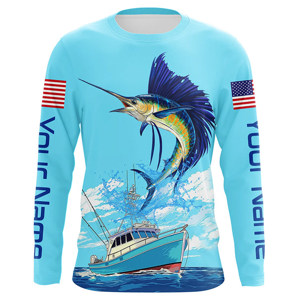 Custom American Flag Sailfish Tournament Fishing Shirts, Sailfish Saltwater Fishing Jerseys IPHW4825