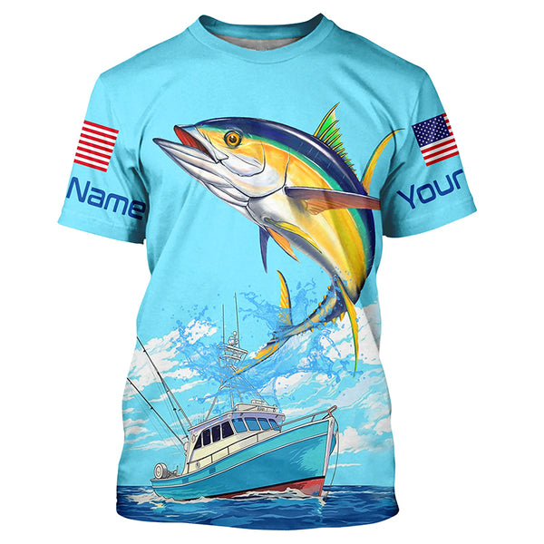 Custom American Flag Yellowfin Tuna Tournament Fishing Shirts, Tuna Saltwater Fishing Jerseys IPHW4826