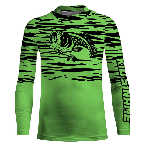 Largemouth bass fishing green color Custom Name All Over Printed UV Protection performance Fishing Shirts For Adult and Kid NQS2876