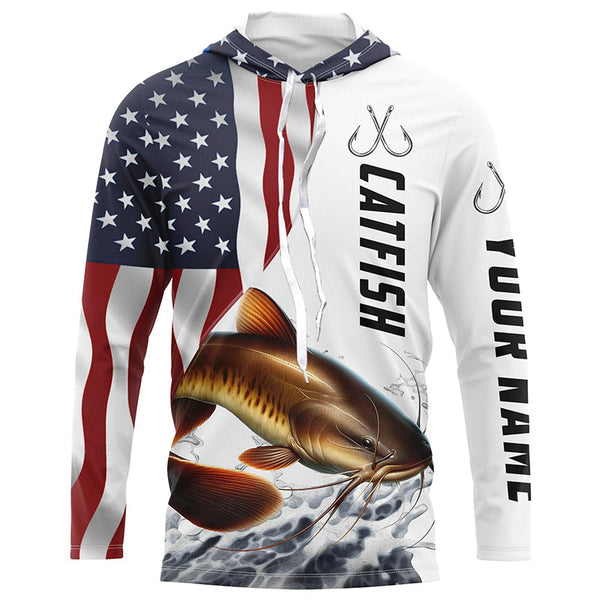 Catfish Fishing Custom Long Sleeve Fishing Shirts, American Flag Patriotic Catfish Fishing Shirt IPHW7017