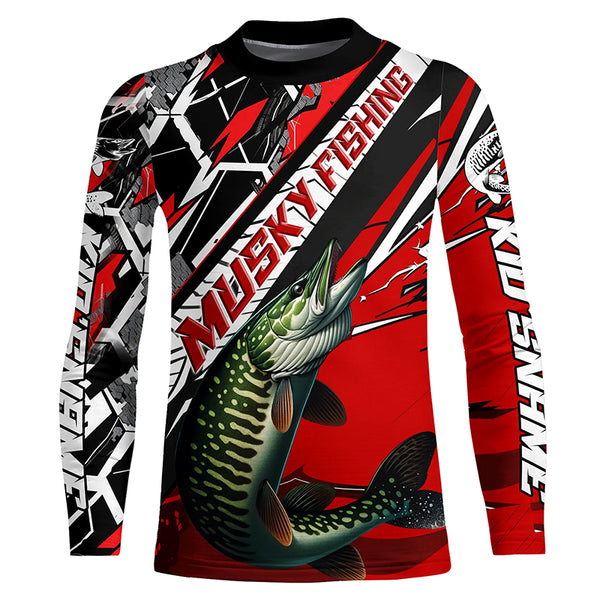 Black And Red Musky Long Sleeve Tournament Fishing Shirts, Custom Muskie Fishing Jerseys IPHW6204