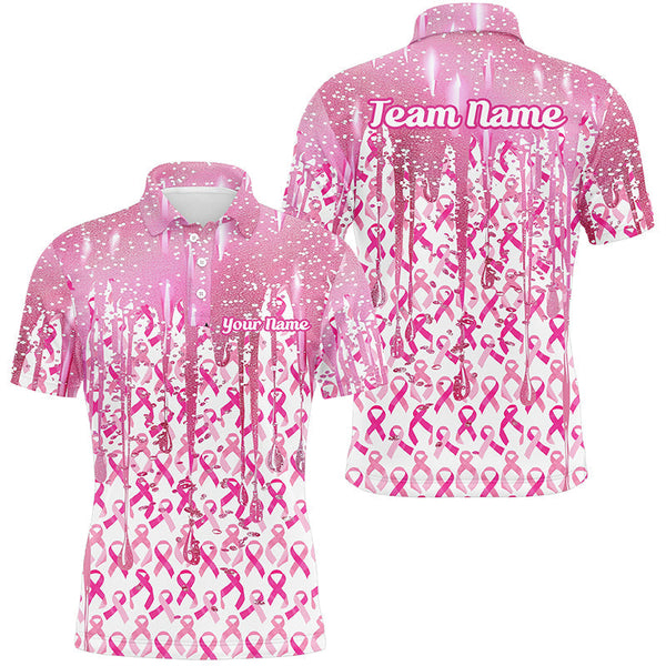 3D Pink Glitter Pink Ribbon Pattern Custom Breast Cancer Polo Shirts For Women IPHW7050