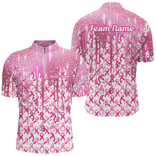 3D Pink Glitter Pink Ribbon Pattern Custom Breast Cancer Polo Shirts For Women IPHW7050