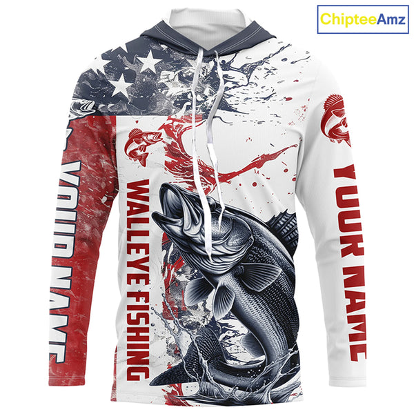 Personalized American Flag Walleye Fishing Shirts, Walleye Long Sleeve Tournament Fishing Jerseys IPHW6005