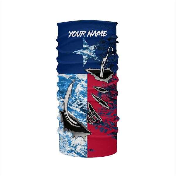 Texas Flag Fish Hook Custom Name Uv Long Sleeve Fishing Shirts With Ocean Waves Texture IPHW5067