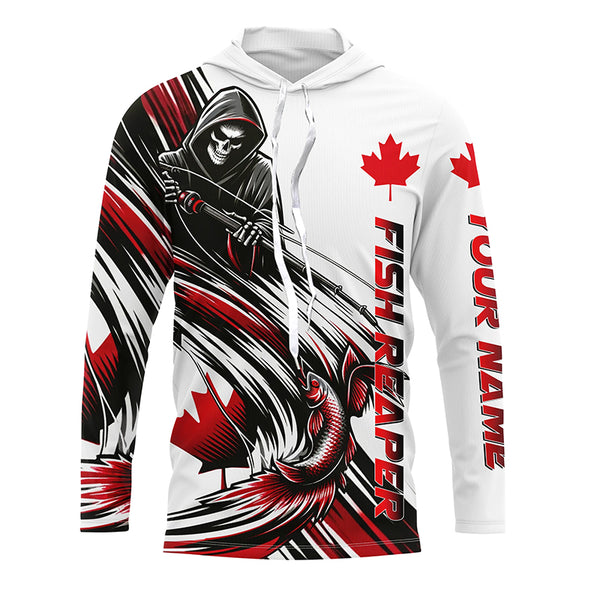 Fish Reaper Long Sleeve Fishing Shirts, Canada Flag Personalized Fishing Gift For Canadian Fisherman IPHW5548