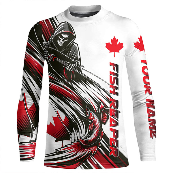 Fish Reaper Long Sleeve Fishing Shirts, Canada Flag Personalized Fishing Gift For Canadian Fisherman IPHW5548