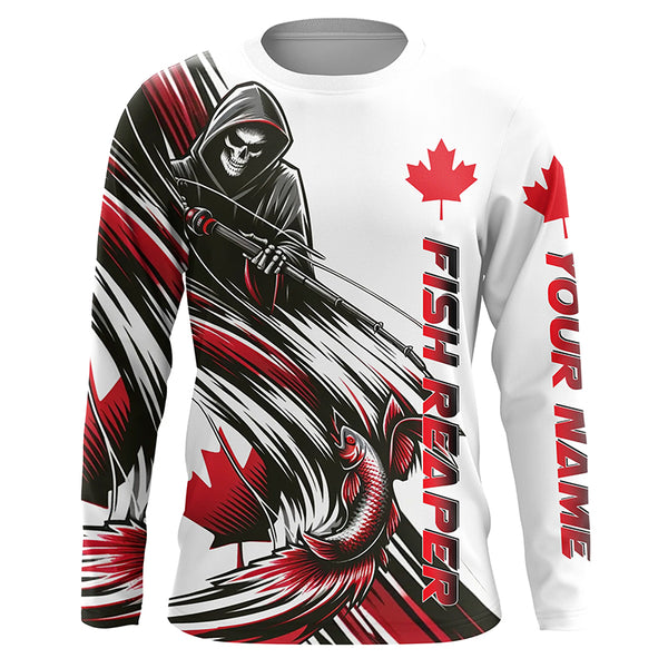 Fish Reaper Long Sleeve Fishing Shirts, Canada Flag Personalized Fishing Gift For Canadian Fisherman IPHW5548