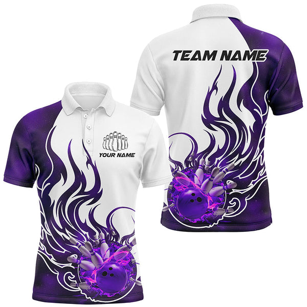 Custom Purple Flame Bowling Shirts For Men, Galaxy Bowling Team Shirts Bowling Uniform IPHW7086