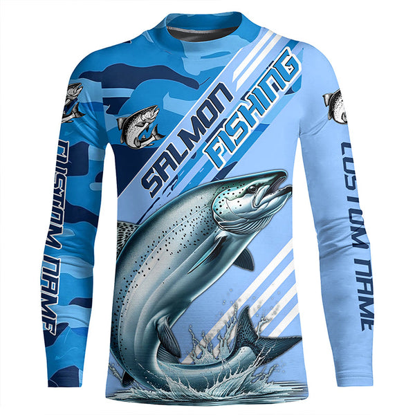 Custom Chinook Salmon Fishing Long Sleeve Shirts, King Salmon Saltwater Fishing Jerseys | Blue Camo IPHW6372