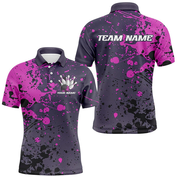 Custom Purple Splatter Bowling Polo Shirts For Men, Custom Bowling Uniforms Bowling Jerseys IPHW7092