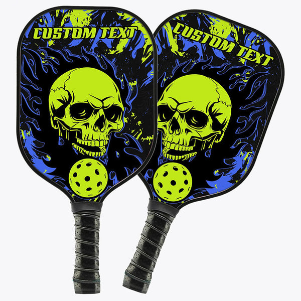 Blue And Green Custom Pickleball Paddle, Flame Skull Pickleball Ball Paddles Halloween Pickleball Gifts IPHW7469