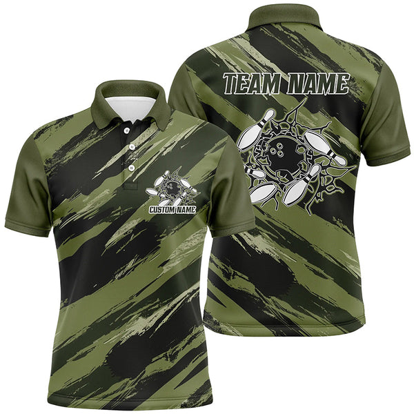 Custom Navy Green Camo Bowling Shirts For Men And Women, Bowling Strike Team Shirts IPHW6449