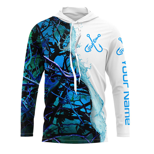 Fish On Blue Camo Custom Long Sleeve Performance Fishing Shirts,  Camo Fishing Jerseys IPHW4849