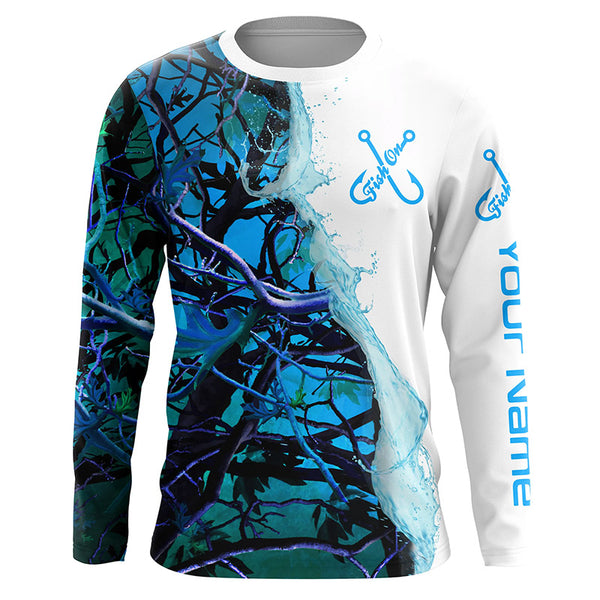 Fish On Blue Camo Custom Long Sleeve Performance Fishing Shirts,  Camo Fishing Jerseys IPHW4849