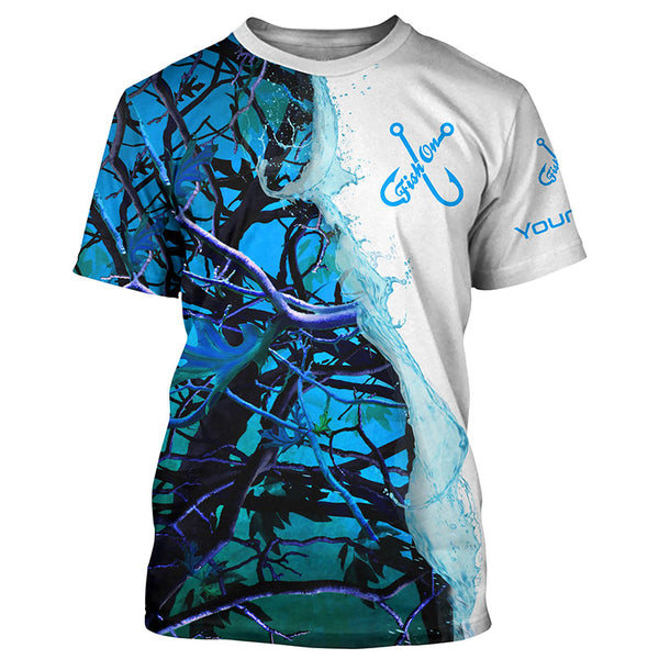Fish On Blue Camo Custom Long Sleeve Performance Fishing Shirts,  Camo Fishing Jerseys IPHW4849