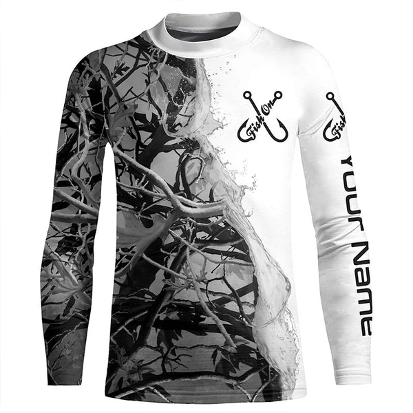 Fish On Gray Camo Custom Long Sleeve Performance Fishing Shirts,  Camo Fishing Jerseys IPHW4850