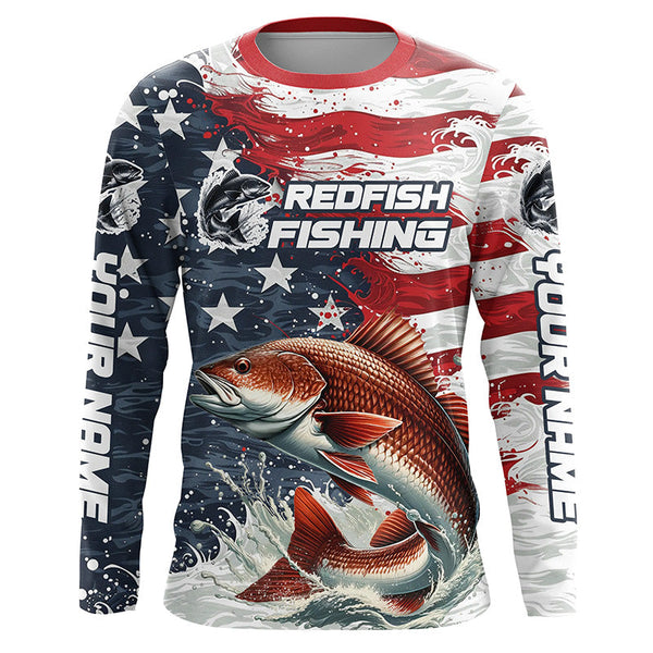 Custom Redfish Fishing American Flag Long Sleeve Fishing Shirts, Patriotic Redfish Fishing Shirts IPHW6824