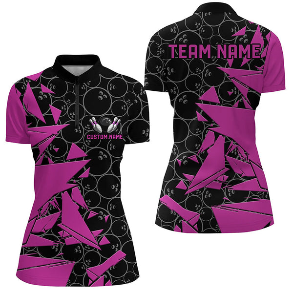 Custom Pink Bowling Team Shirts For Women, Bowling Ball Pattern Bowlers Outfits IPHW6268