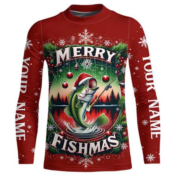 Merry Fishmas Custom Christmas Bass  Full Printing Fishing Shirts Fishing Gifts For Adult And Kid IPHW5553