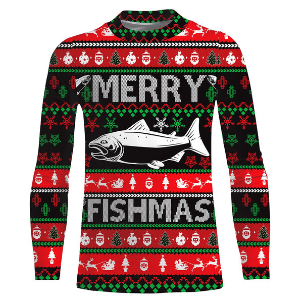 Merry Fishmas funny ugly Christmas salmon fishing shirt long sleeves Christmas gift NQS2350