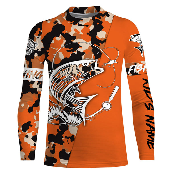 Custom Name striped bass fishing tattoos Camouflage Orange shirt Performance Fishing Shirt, Striper Fishing Jerseys NQS2507