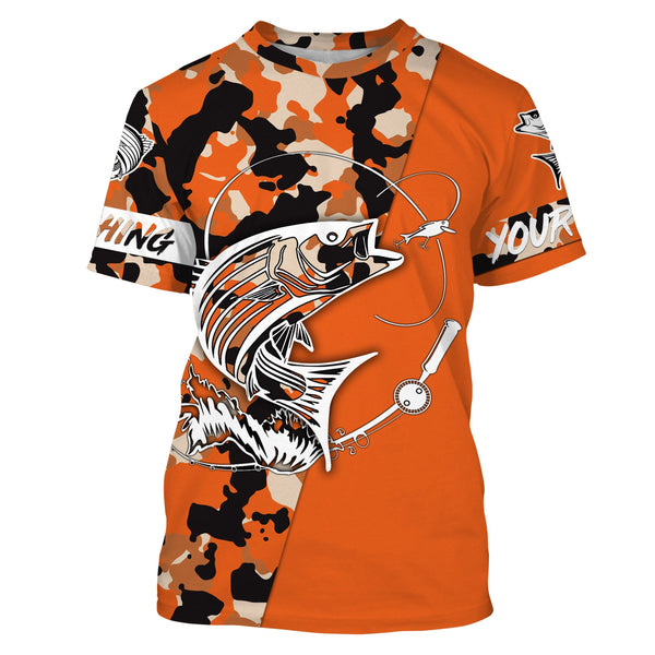 Custom Name striped bass fishing tattoos Camouflage Orange shirt Performance Fishing Shirt, Striper Fishing Jerseys NQS2507
