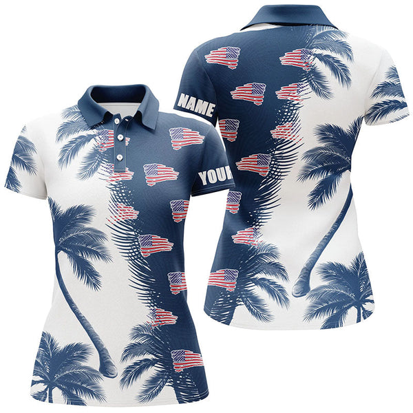 Blue and white palm tree pattern American flag Womens golf polo shirts personalized golf outfit women NQS5954
